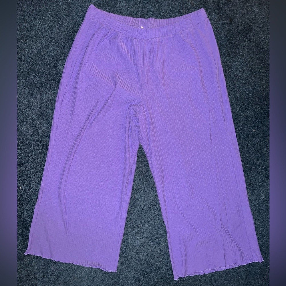 Purple Wide Leg Ribbed Pants with Ruffle Bottom Hem